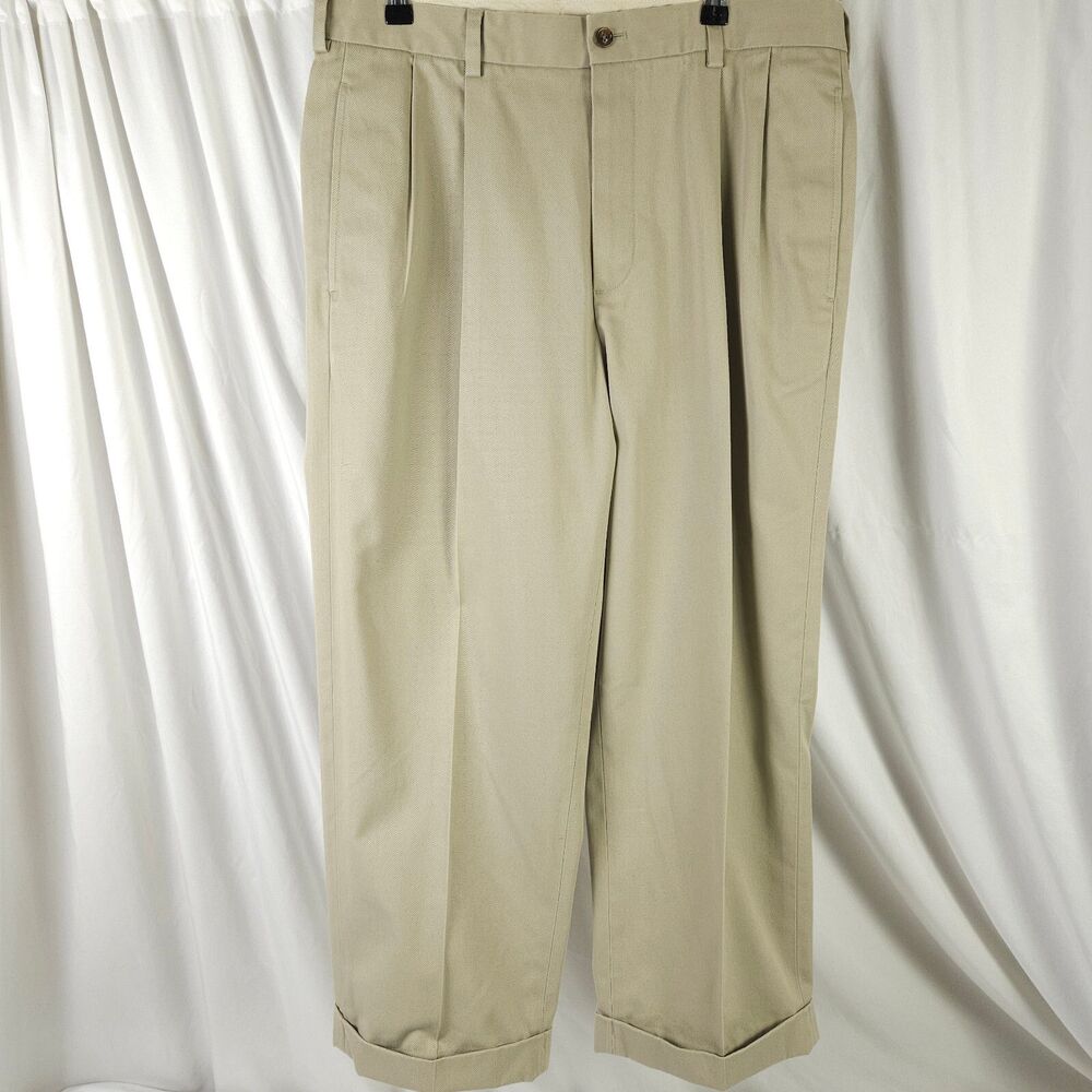 Brooks Brothers Advantage Chino Elliot Beige Pleated Pants Men's 35x32 35x26